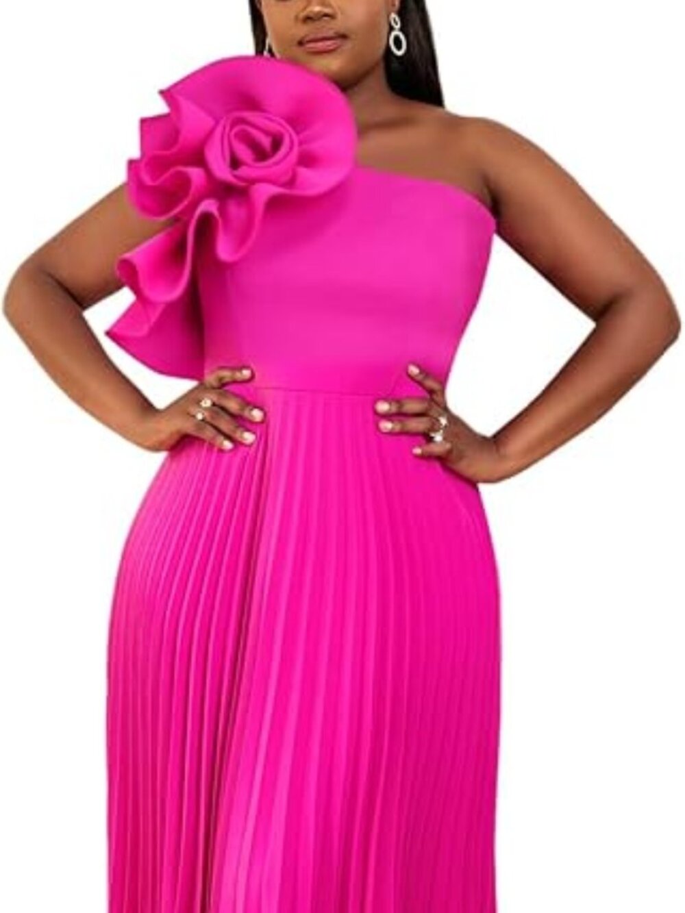 NWT One Shoulder 3D Flower Sleeveless High Waist Pleated A Line Hot Pink Dress